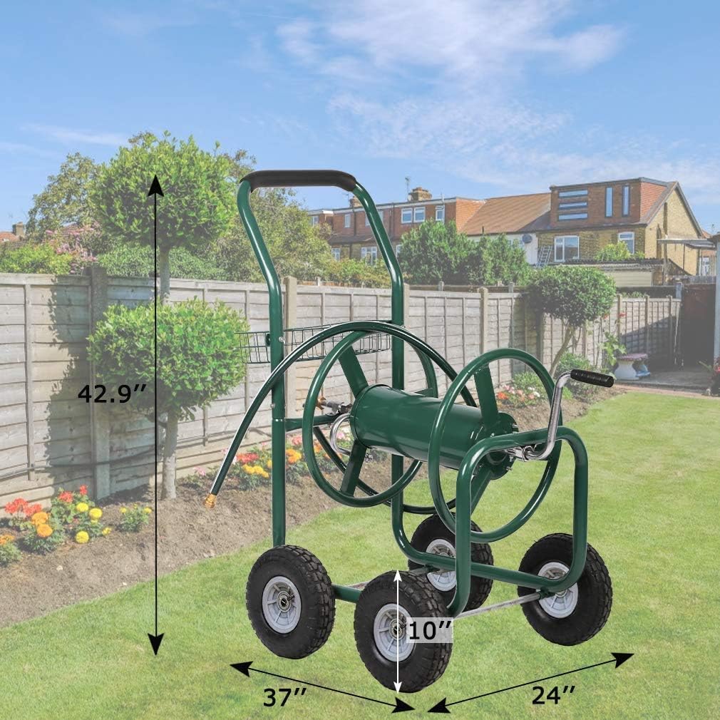 Garden Hose Reel Cart Outdoor Lawn 4-Wheel Heavy Duty Yard 300FT Water Truck With Storage Basket, Black