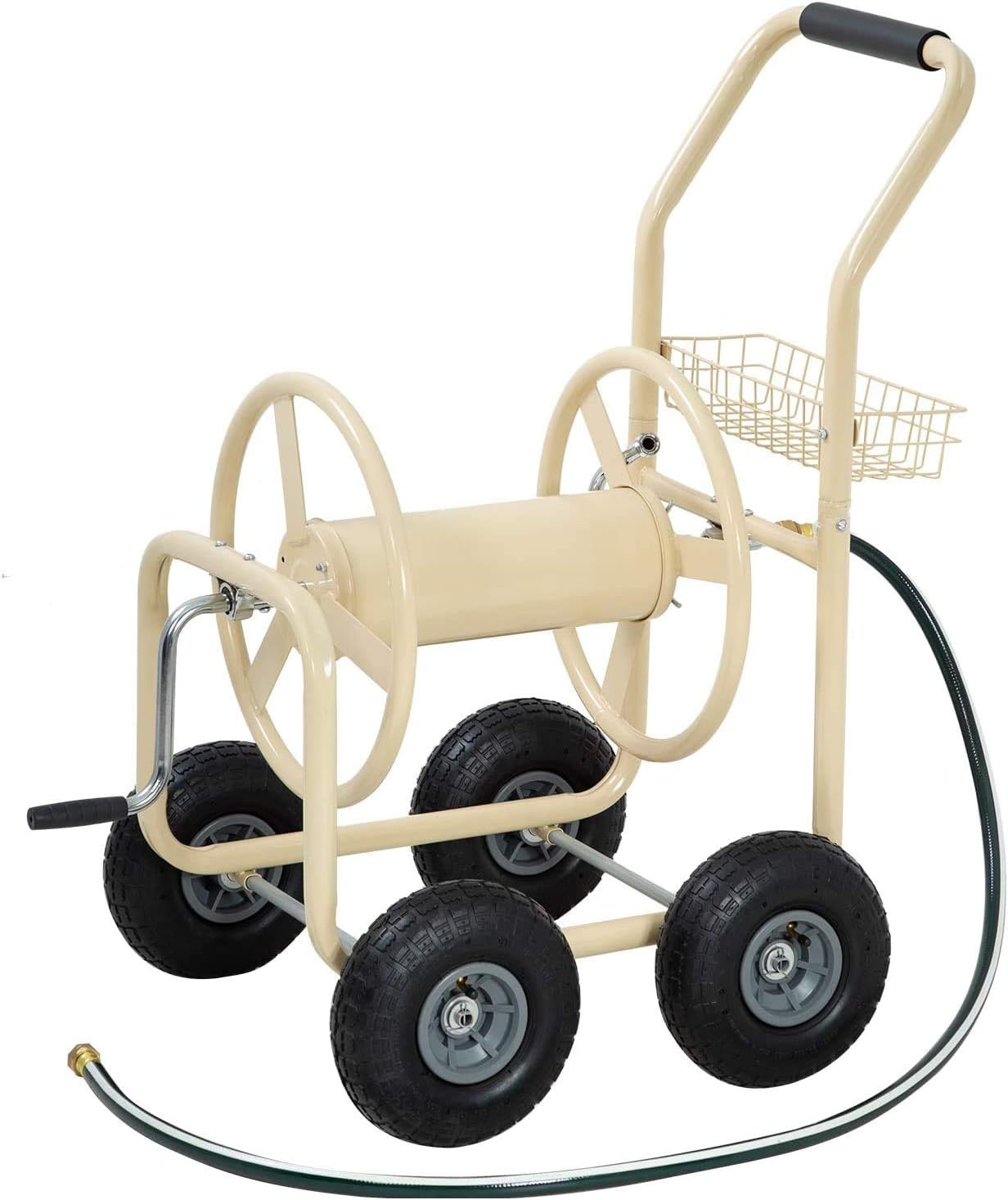 Garden Hose Reel Cart Outdoor Lawn 4-Wheel Heavy Duty Yard 300FT Water Truck With Storage Basket, Black