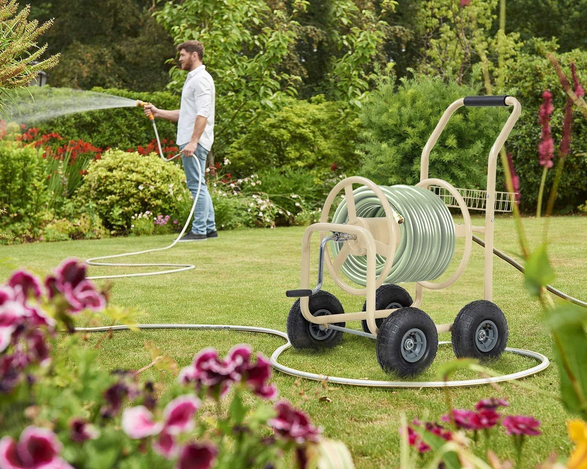 Garden Hose Reel Cart Outdoor Lawn 4-Wheel Heavy Duty Yard 300FT Water Truck With Storage Basket, Black