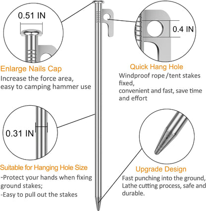 8 Pack Tent Stakes Heavy Duty 12 inch Steel Tent Pegs for Camping Unbreakable and Inflexible