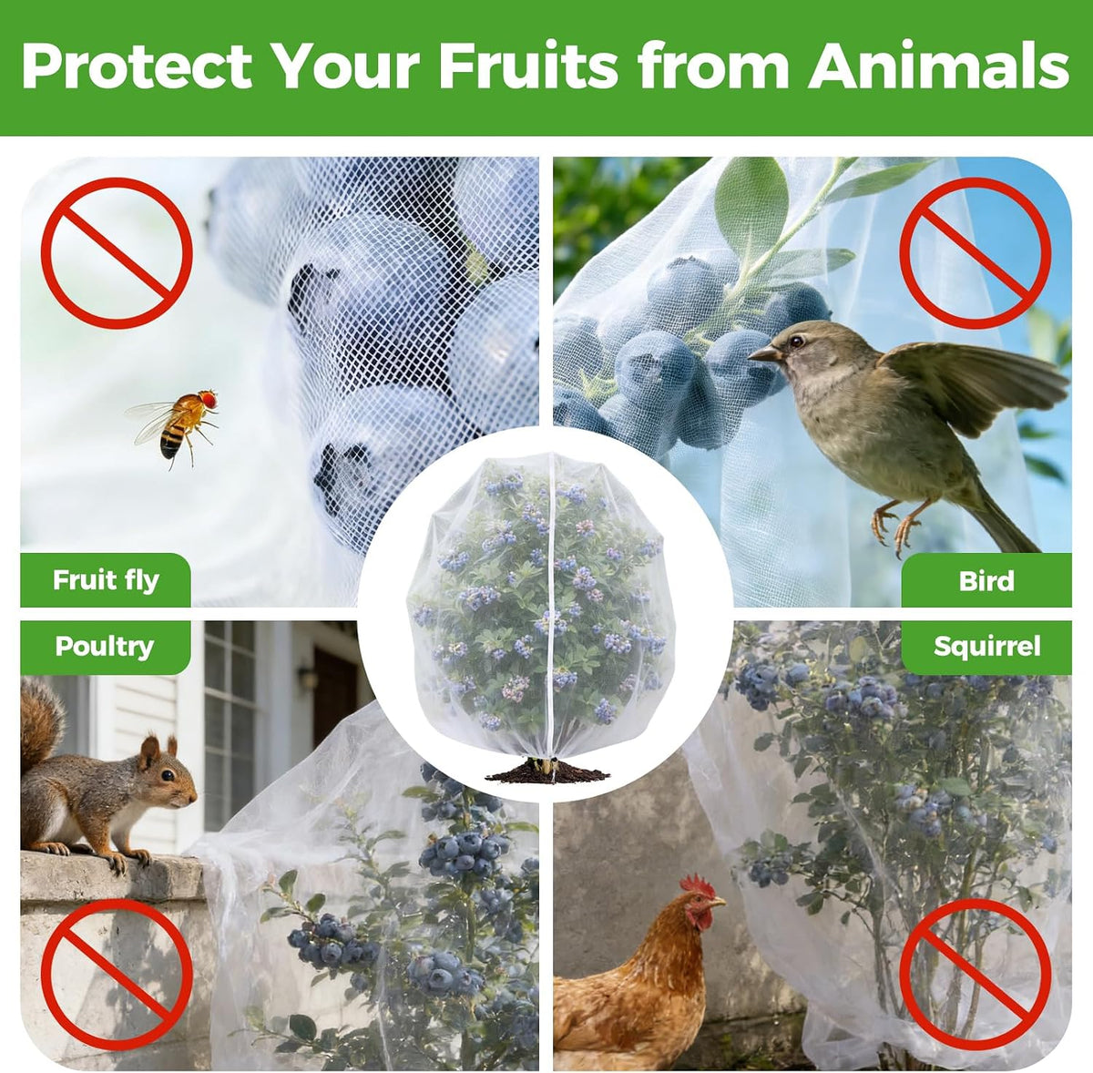Blueberry Bush Netting Cover 2 Pack, 4.5 x 4.5 ft, Bird Netting with Zipper