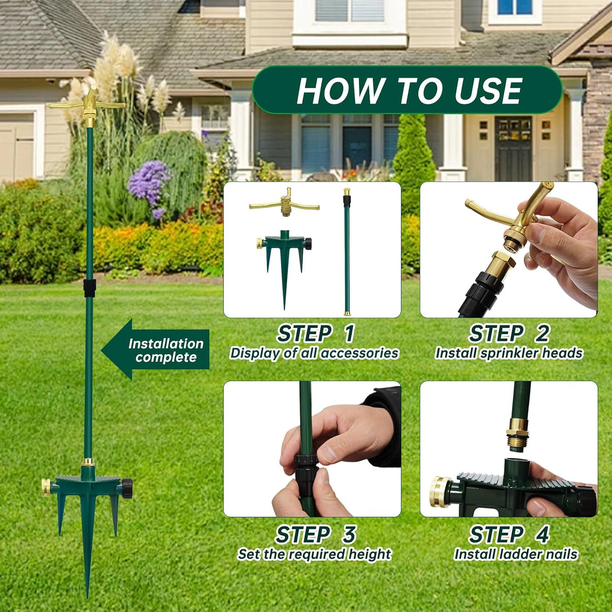 3-Arm 360° Rotating Garden Sprinkler, 2 Pack Telescoping Sprinkler with Spike, Brass Garden Lawn Water Sprinkler for Large Area up to 40 Inches