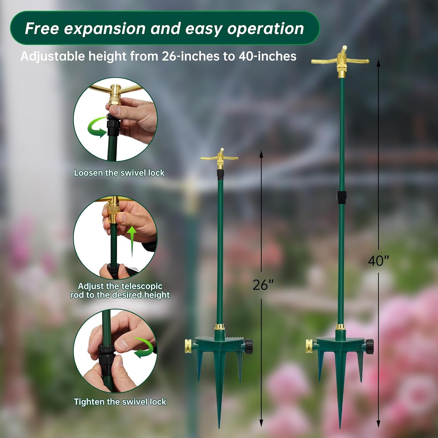 3-Arm 360° Rotating Garden Sprinkler, 2 Pack Telescoping Sprinkler with Spike, Brass Garden Lawn Water Sprinkler for Large Area up to 40 Inches