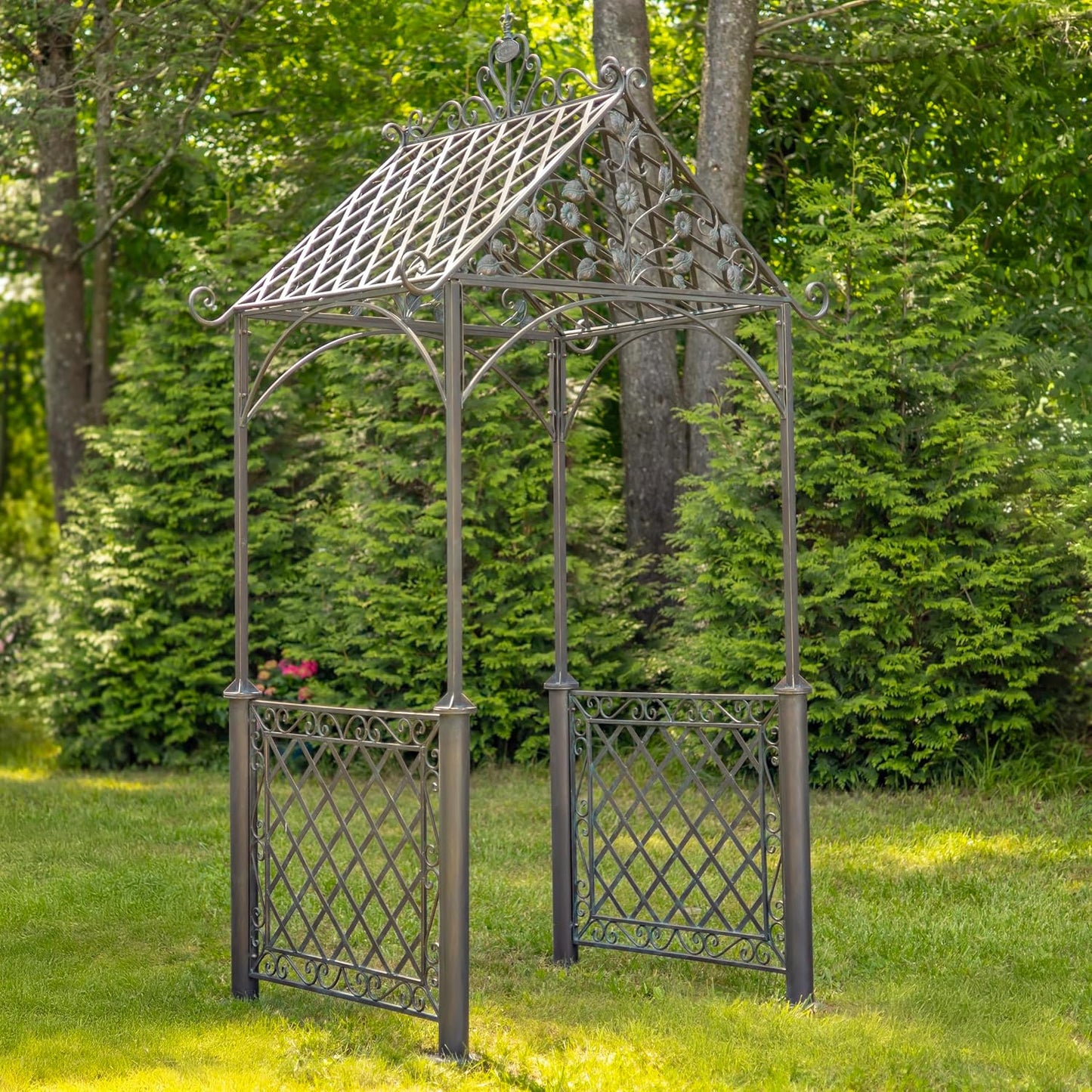 9.5ft T Iron Garden Arch with Embellished Trellis London 1820" (Antique White)