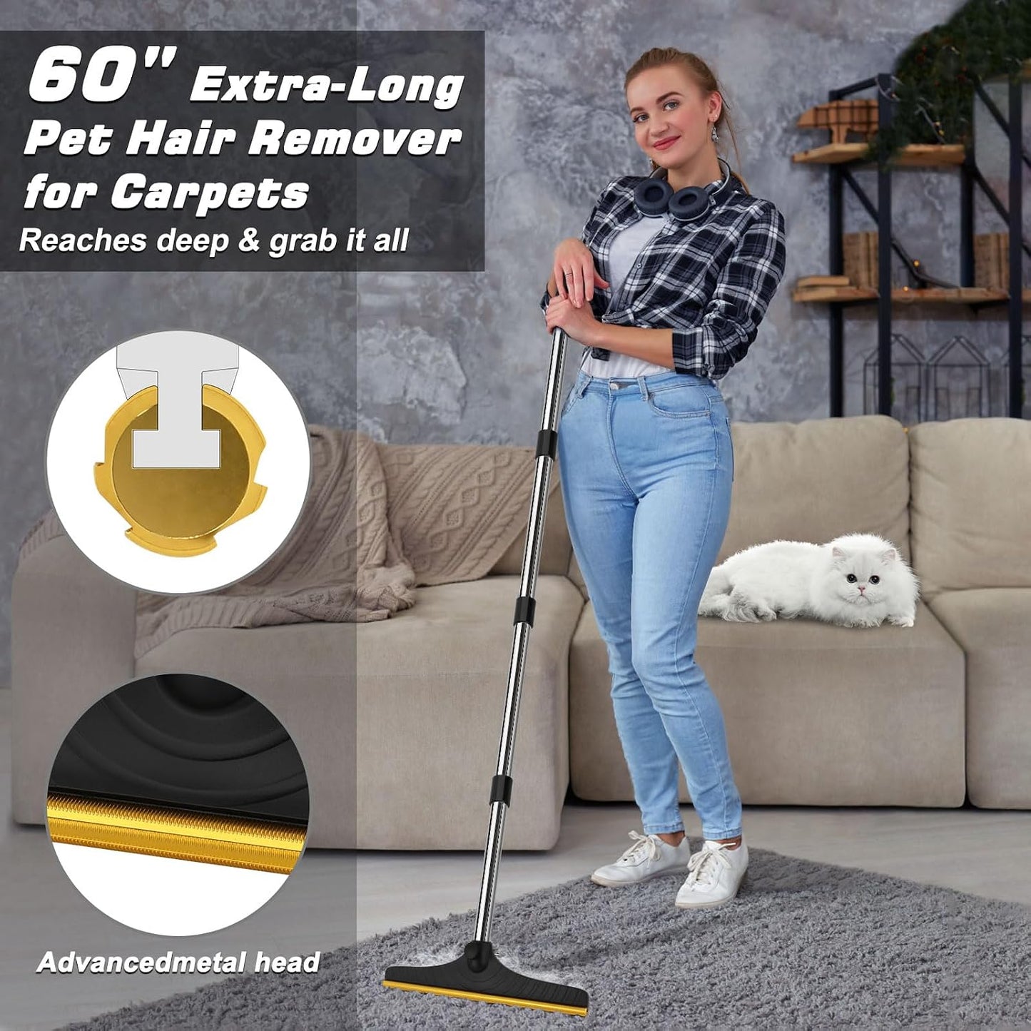 Carpet Rake for Pet Hair Removal, Reusable Carpet Scraper Broom