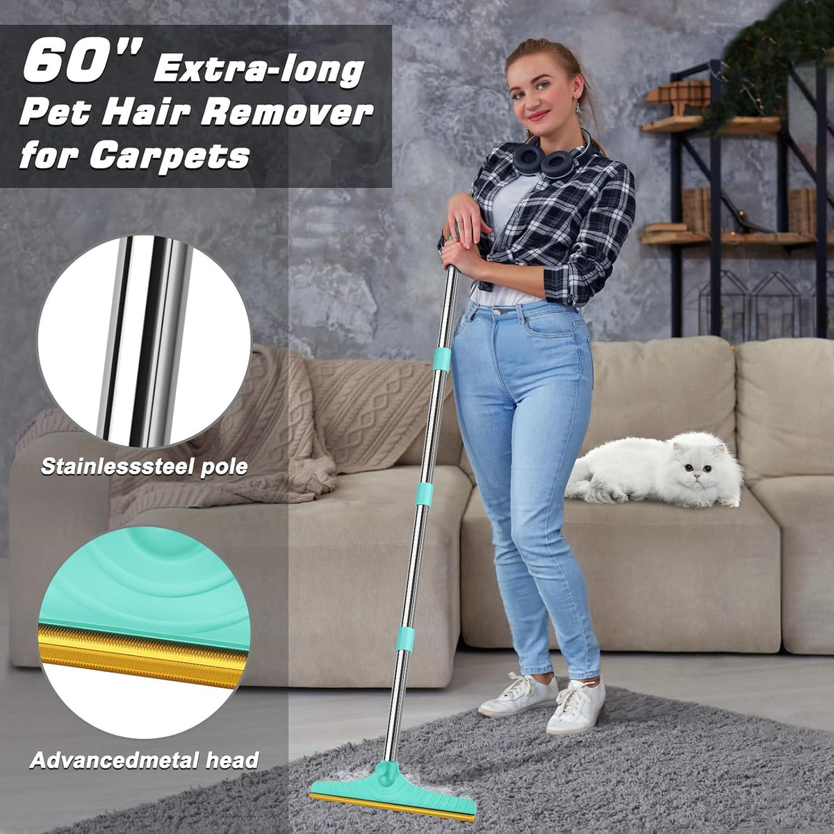 Carpet Rake for Pet Hair Removal, Reusable Carpet Scraper Broom