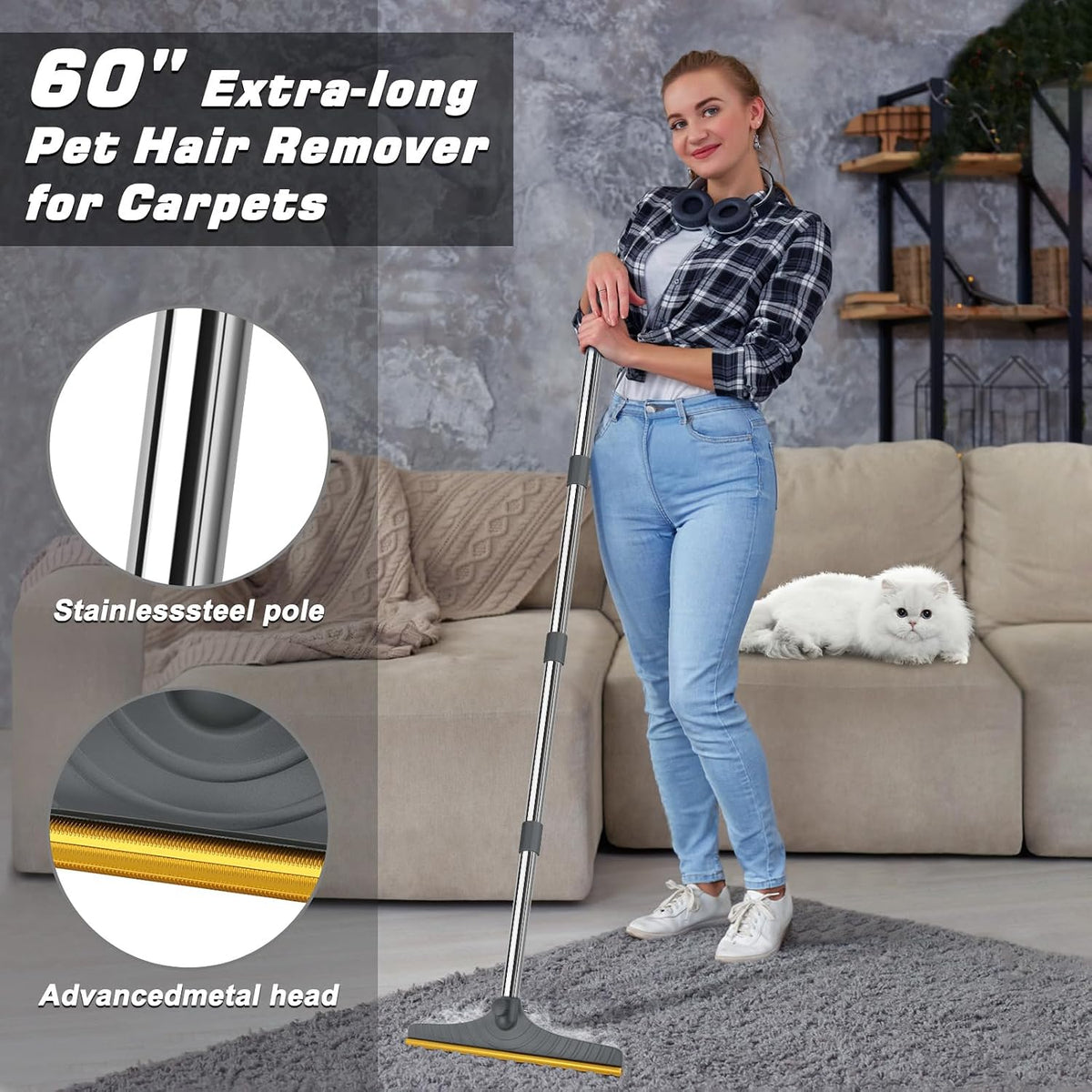 Carpet Rake for Pet Hair Removal, Reusable Carpet Scraper Broom