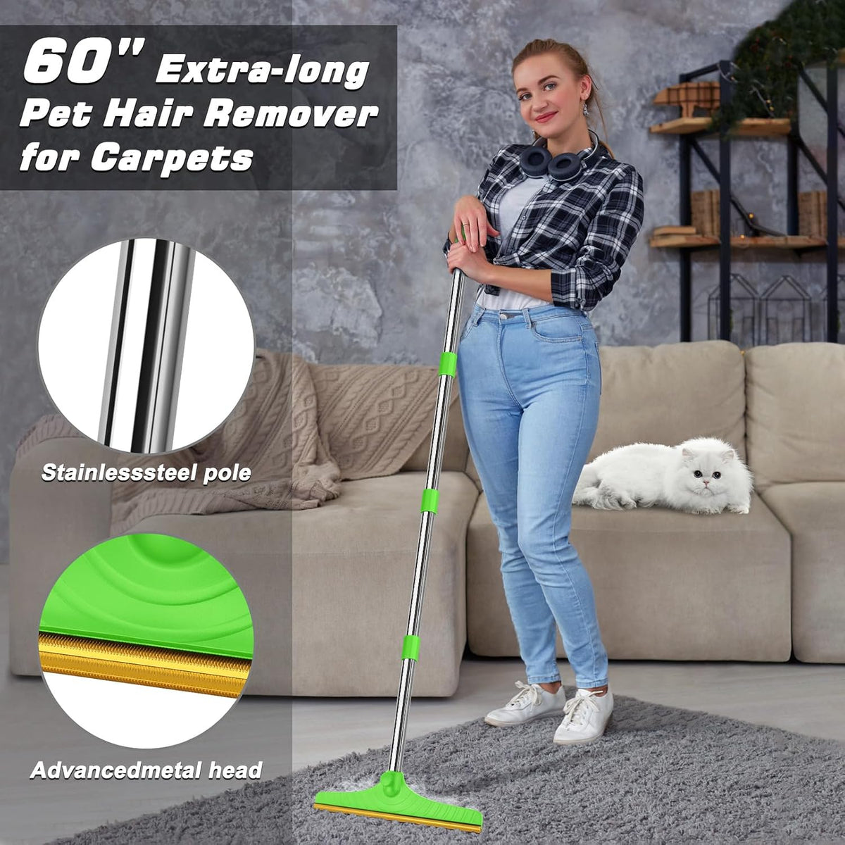 Carpet Rake for Pet Hair Removal, Reusable Carpet Scraper Broom