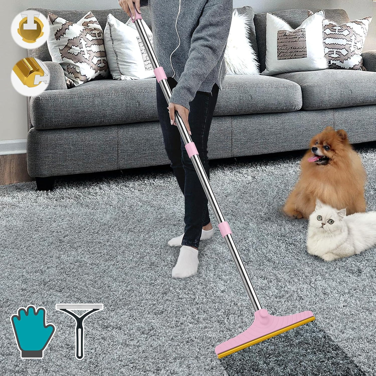 Carpet Rake for Pet Hair Removal, Reusable Carpet Scraper Broom