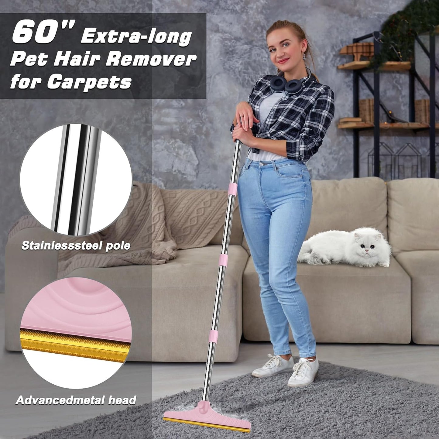Carpet Rake for Pet Hair Removal, Reusable Carpet Scraper Broom