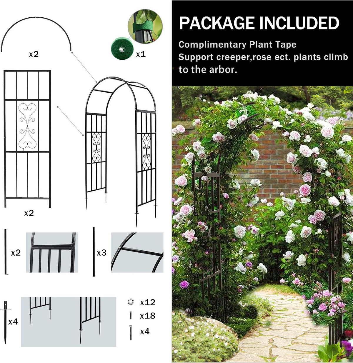 Arbors, Curved Metal Endurable Iron Trellis Plants Stand Use for Outdoor Garden Arbor Climbing Plants Wedding Arches Ceremony