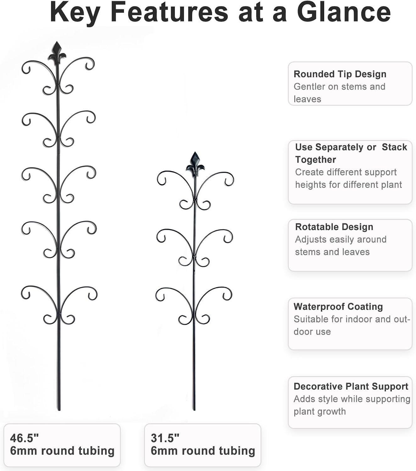 Metal Monstera Plant Support 2-Pack, Adjustable Height Steel Plant Trellis for Pothos, Vining & Climbing Potted Plants, Indoor & Outdoor, Sturdy Rotatable Plant Stakes with Rounded Ends, 31" & 46"