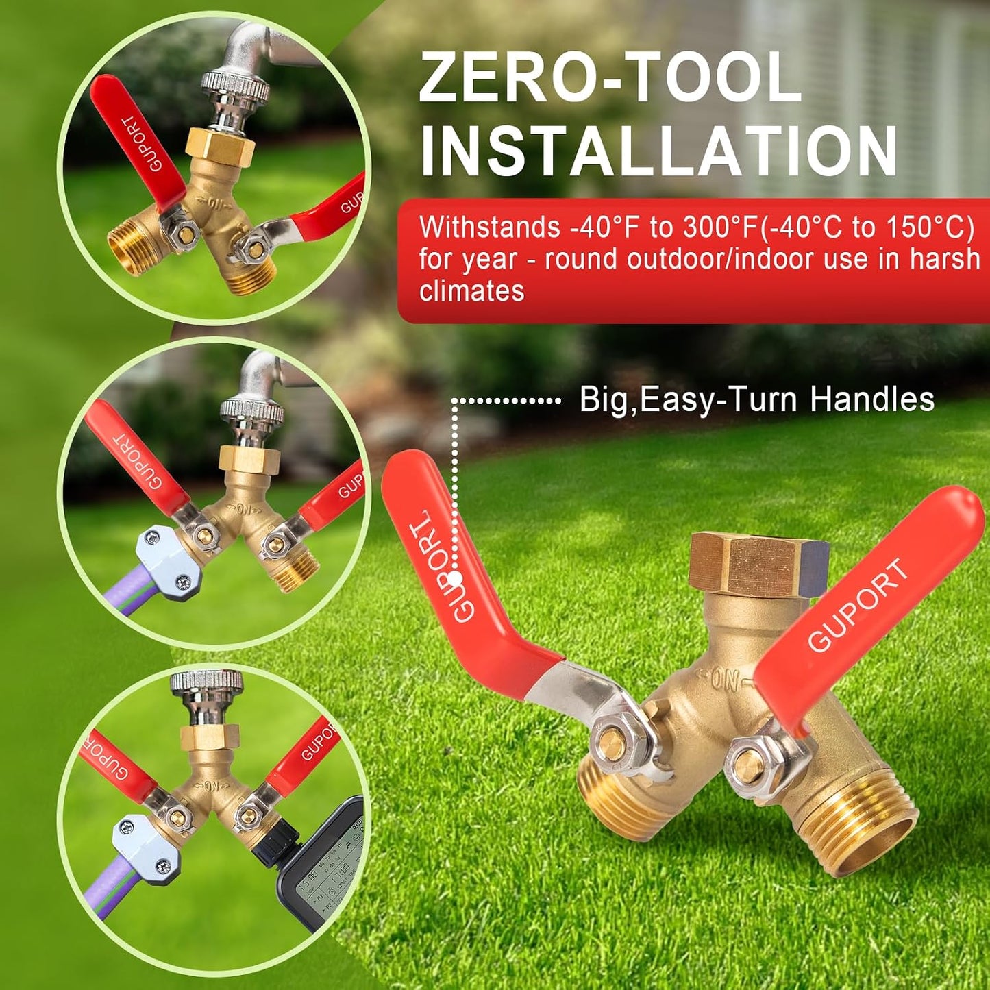 Brass Garden Hose Splitter 2/3/4 Way，Hose y Splitter with Shutoff，Heavy Duty Outdoor Faucet and Garden Connector，Extension Handles，3/4” GHT Threads