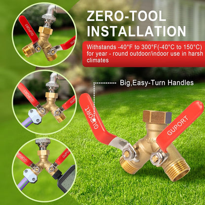 Brass Garden Hose Splitter 2/3/4 Way，Hose y Splitter with Shutoff，Heavy Duty Outdoor Faucet and Garden Connector，Extension Handles，3/4” GHT Threads