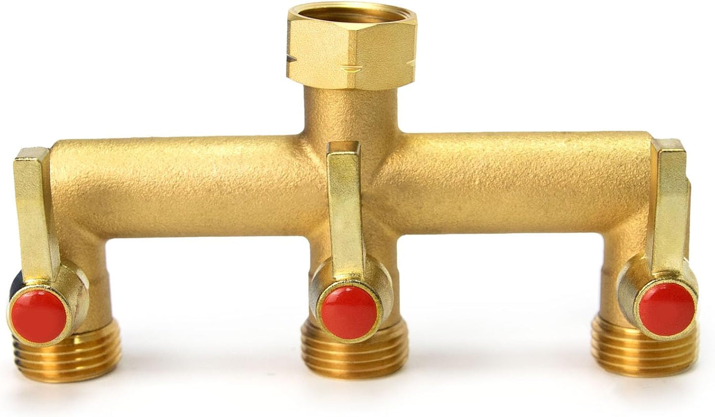 Brass Garden Hose Splitter 2/3/4 Way，Hose y Splitter with Shutoff，Heavy Duty Outdoor Faucet and Garden Connector，Extension Handles，3/4” GHT Threads