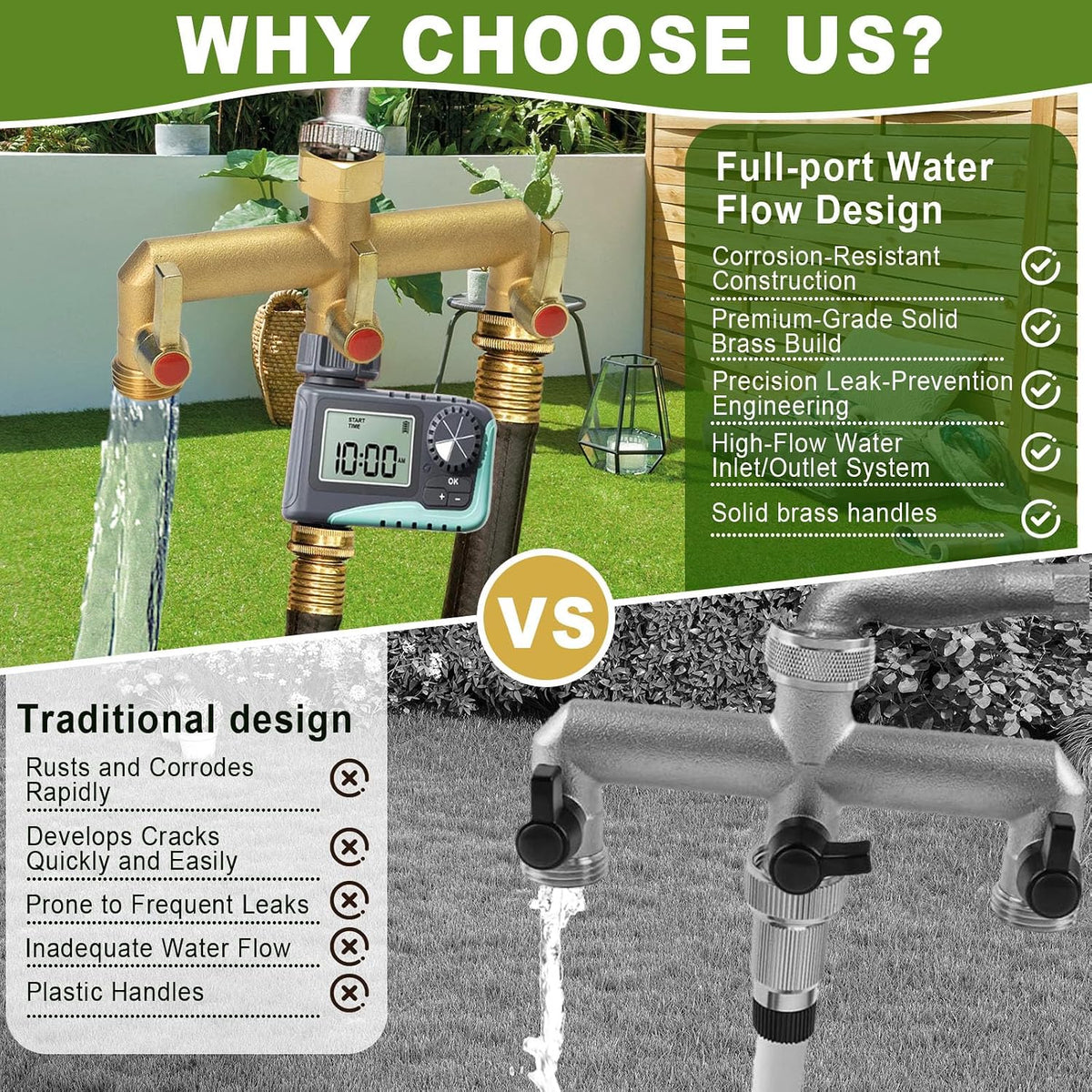 Brass Garden Hose Splitter 2/3/4 Way，Hose y Splitter with Shutoff，Heavy Duty Outdoor Faucet and Garden Connector，Extension Handles，3/4” GHT Threads