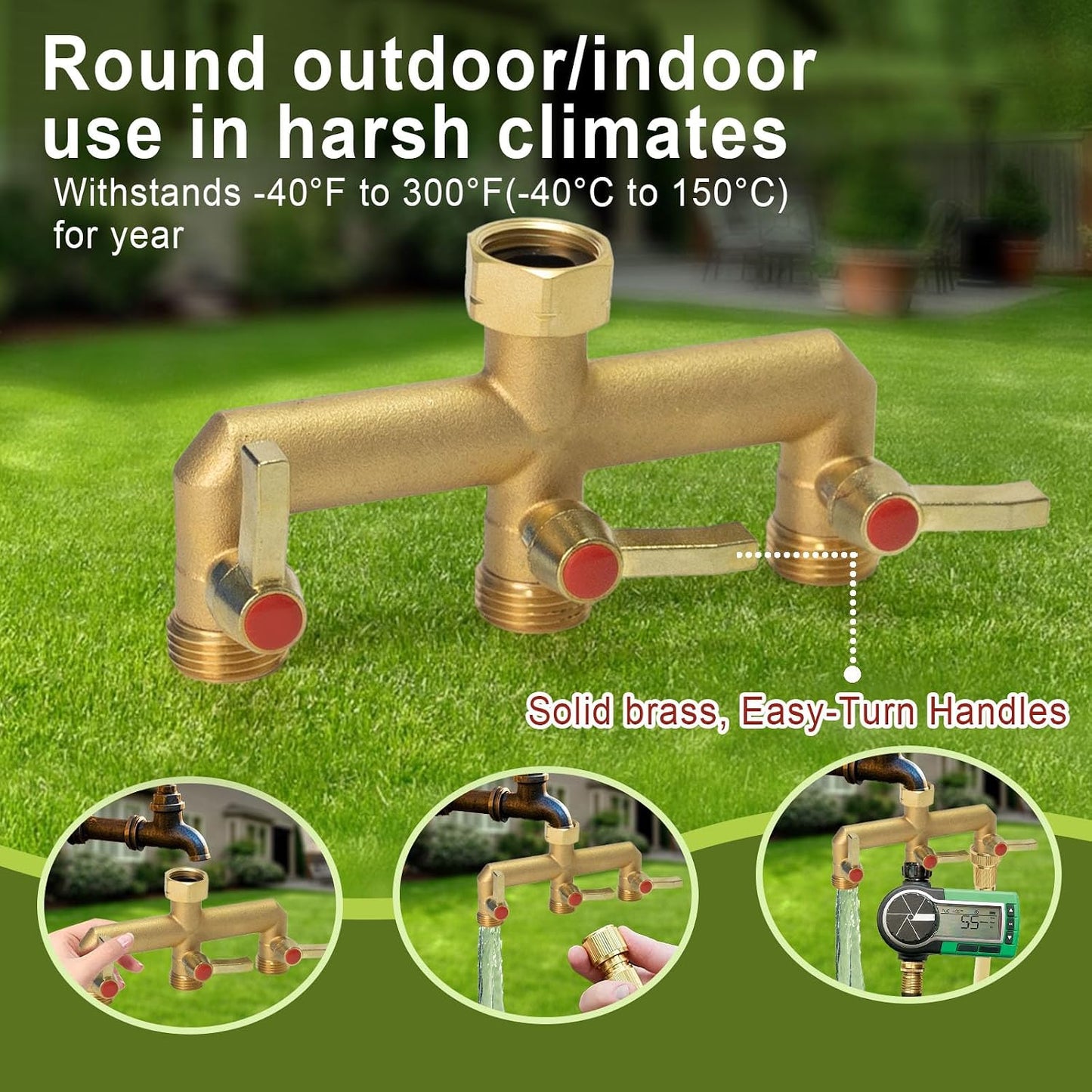 Brass Garden Hose Splitter 2/3/4 Way，Hose y Splitter with Shutoff，Heavy Duty Outdoor Faucet and Garden Connector，Extension Handles，3/4” GHT Threads