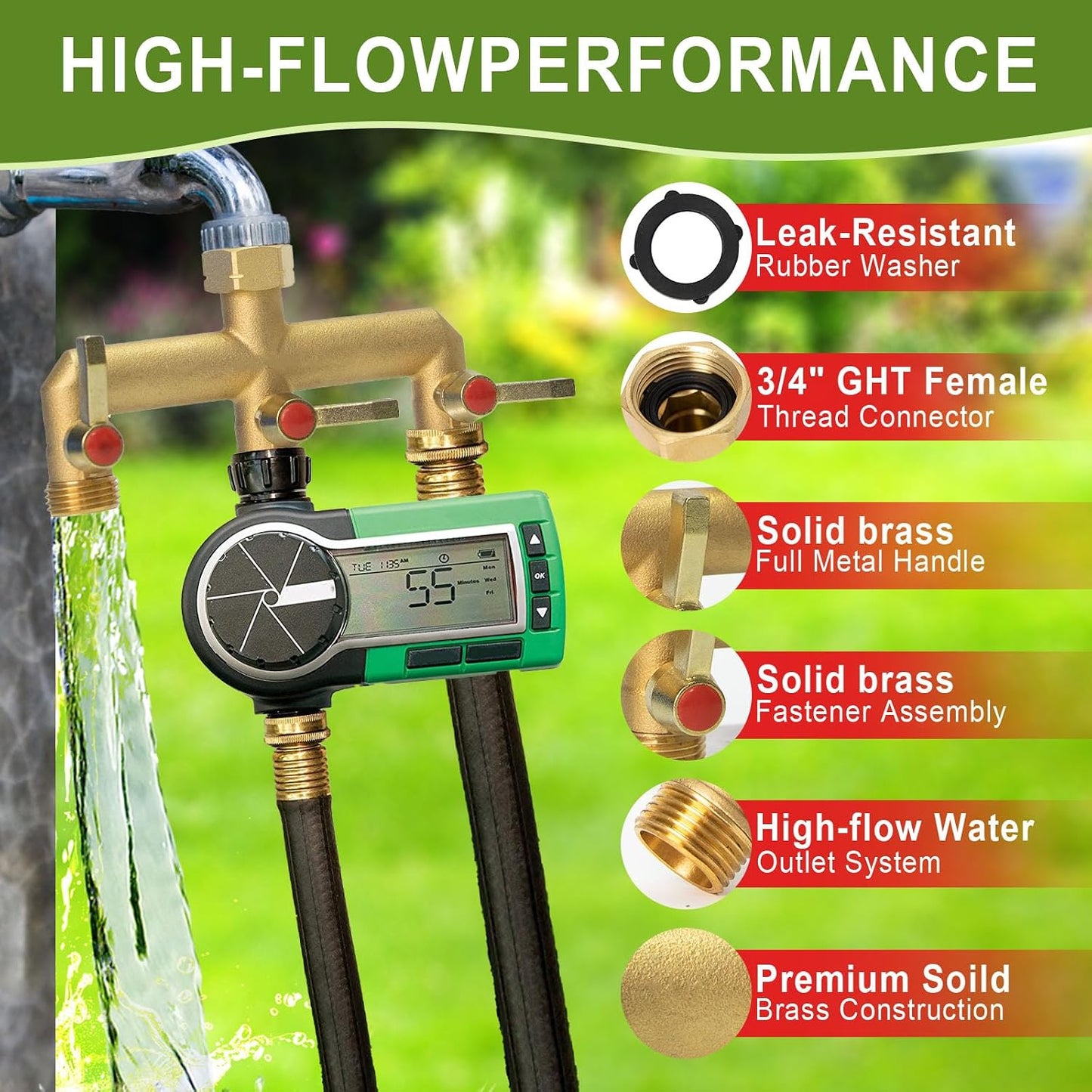 Brass Garden Hose Splitter 2/3/4 Way，Hose y Splitter with Shutoff，Heavy Duty Outdoor Faucet and Garden Connector，Extension Handles，3/4” GHT Threads