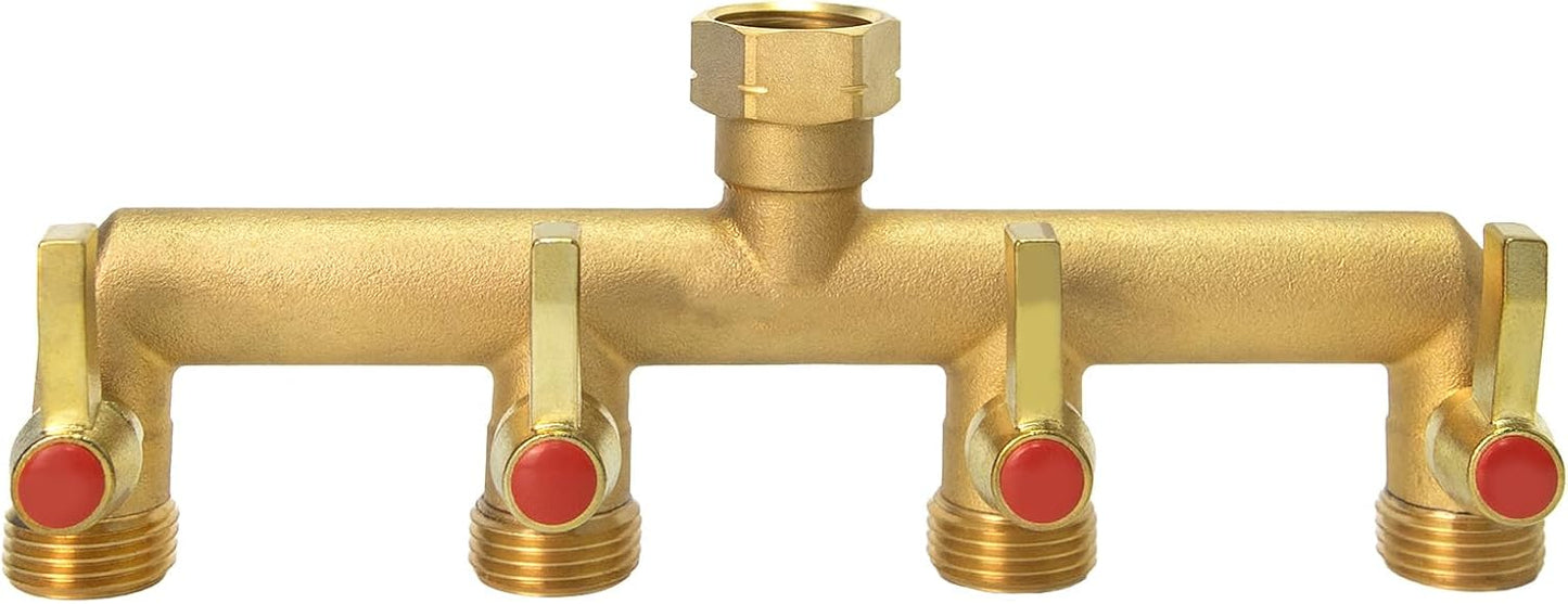 Brass Garden Hose Splitter 2/3/4 Way，Hose y Splitter with Shutoff，Heavy Duty Outdoor Faucet and Garden Connector，Extension Handles，3/4” GHT Threads