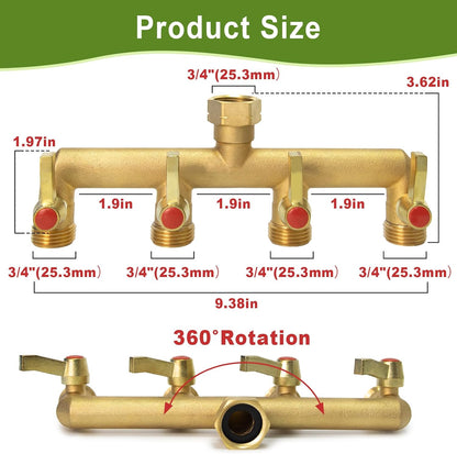 Brass Garden Hose Splitter 2/3/4 Way，Hose y Splitter with Shutoff，Heavy Duty Outdoor Faucet and Garden Connector，Extension Handles，3/4” GHT Threads