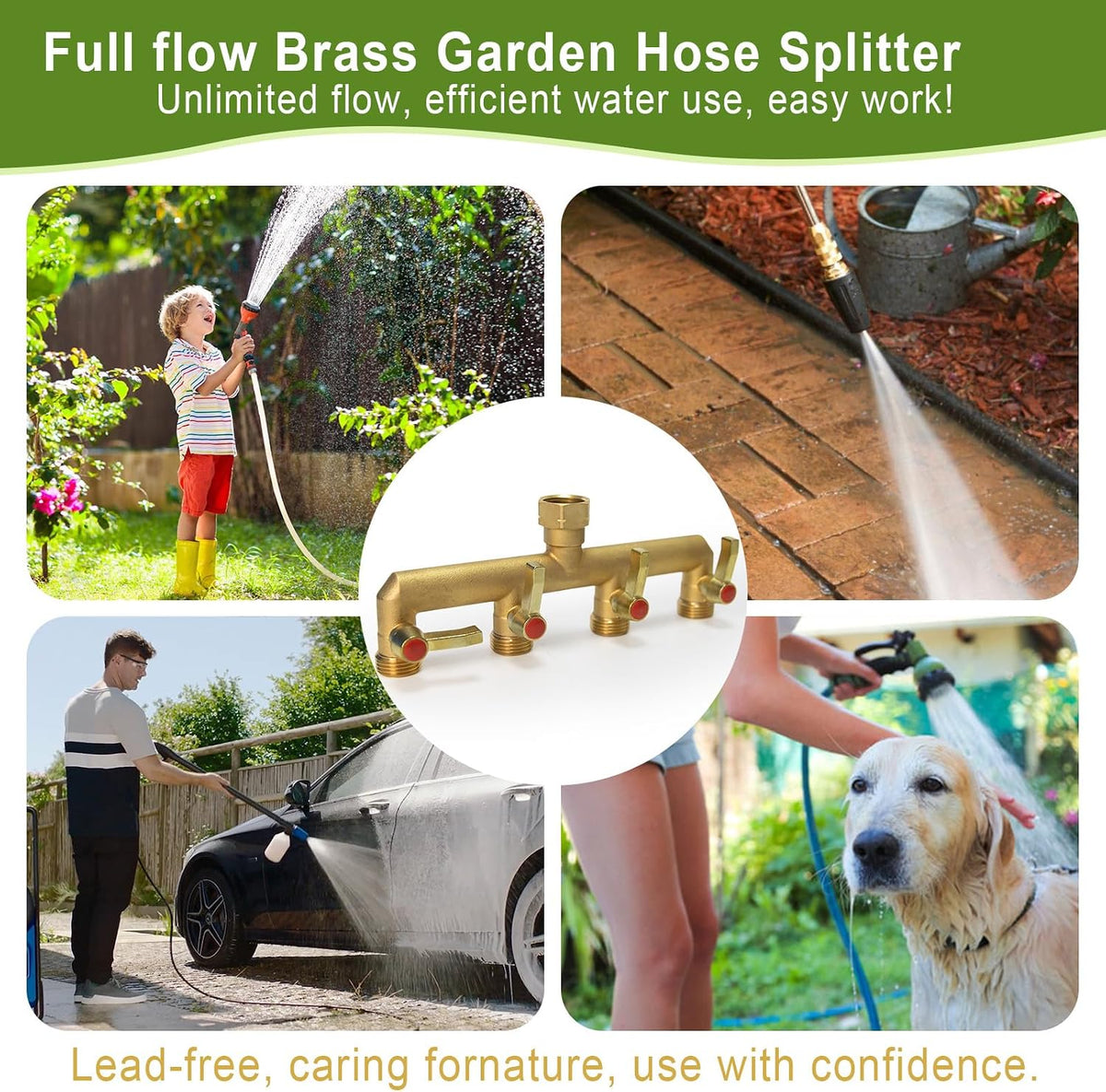 Brass Garden Hose Splitter 2/3/4 Way，Hose y Splitter with Shutoff，Heavy Duty Outdoor Faucet and Garden Connector，Extension Handles，3/4” GHT Threads