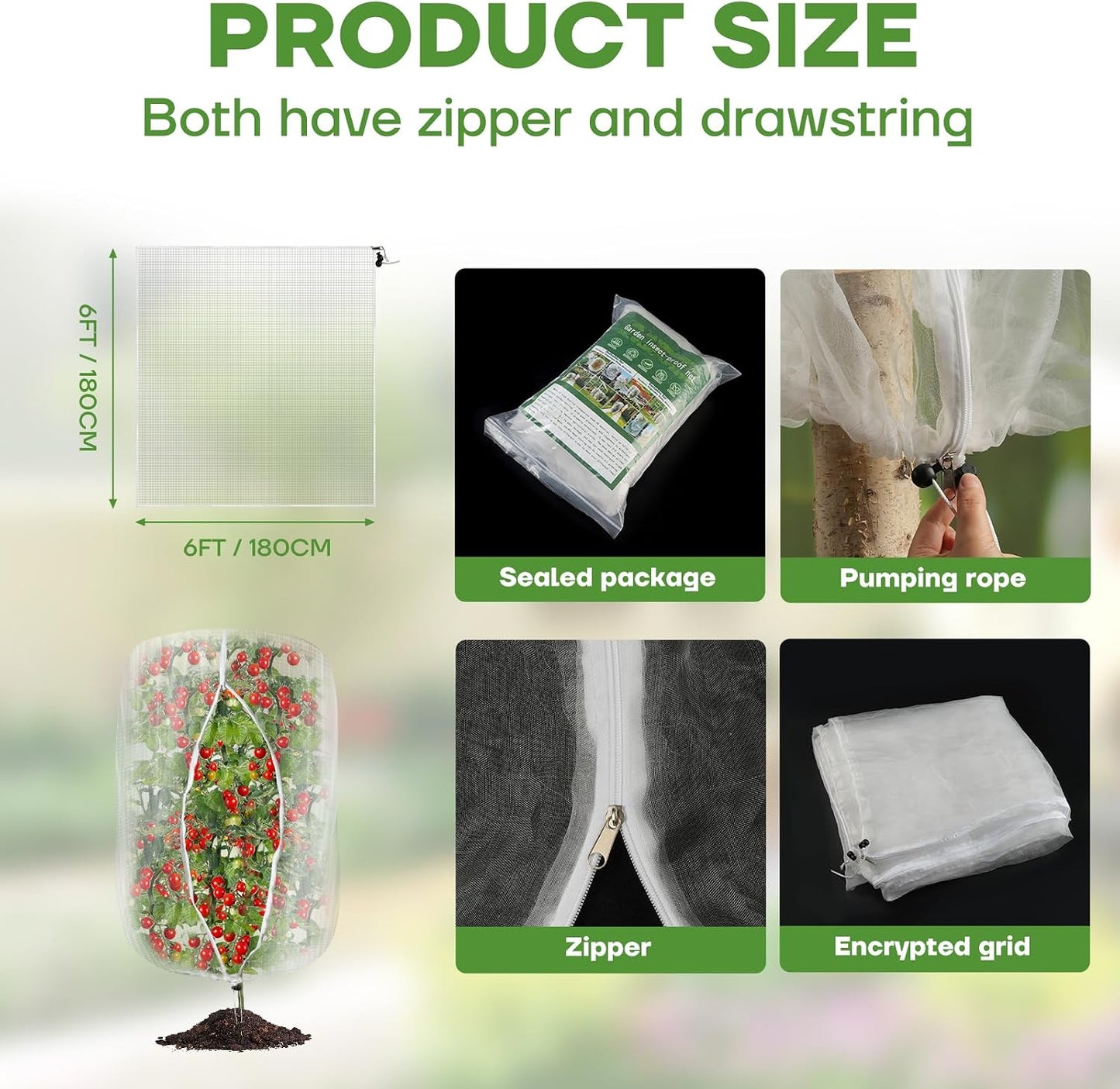 6FT x 6FT Fruit Tree Netting with Zipper and Drawcord, 2Pcs Garden Plant Net Pest Barrier Bag, Insect Bird Mesh Netting Cover for Protect Vegetables Flower Blueberry