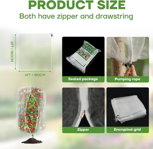 6FT x 6FT Fruit Tree Netting with Zipper and Drawcord, 2Pcs Garden Plant Net Pest Barrier Bag, Insect Bird Mesh Netting Cover for Protect Vegetables Flower Blueberry