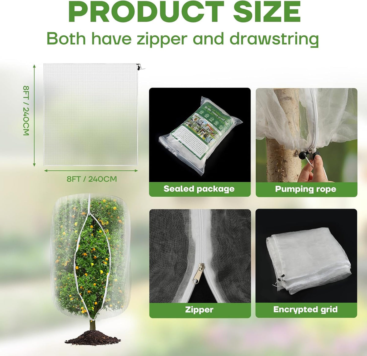 6FT x 6FT Fruit Tree Netting with Zipper and Drawcord, 2Pcs Garden Plant Net Pest Barrier Bag, Insect Bird Mesh Netting Cover for Protect Vegetables Flower Blueberry