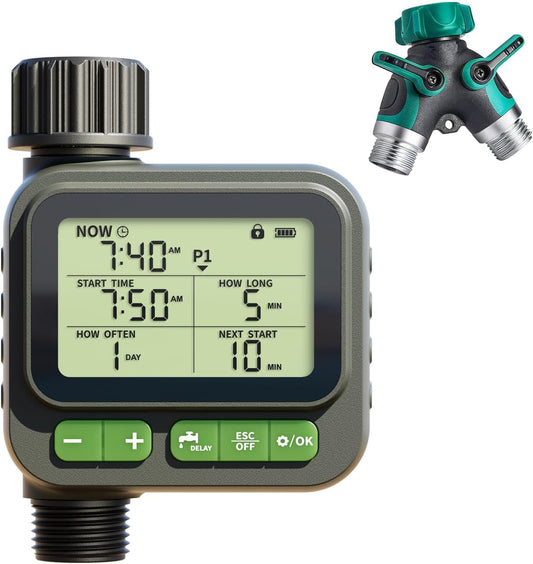 Sprinkler Timer for Garden Hose, Programmable Water Timer with 4 Custom Plans, Rain Delay & 2-Way Splitter, Digital Automatic Watering System for Yard, Lawn, Irrigation