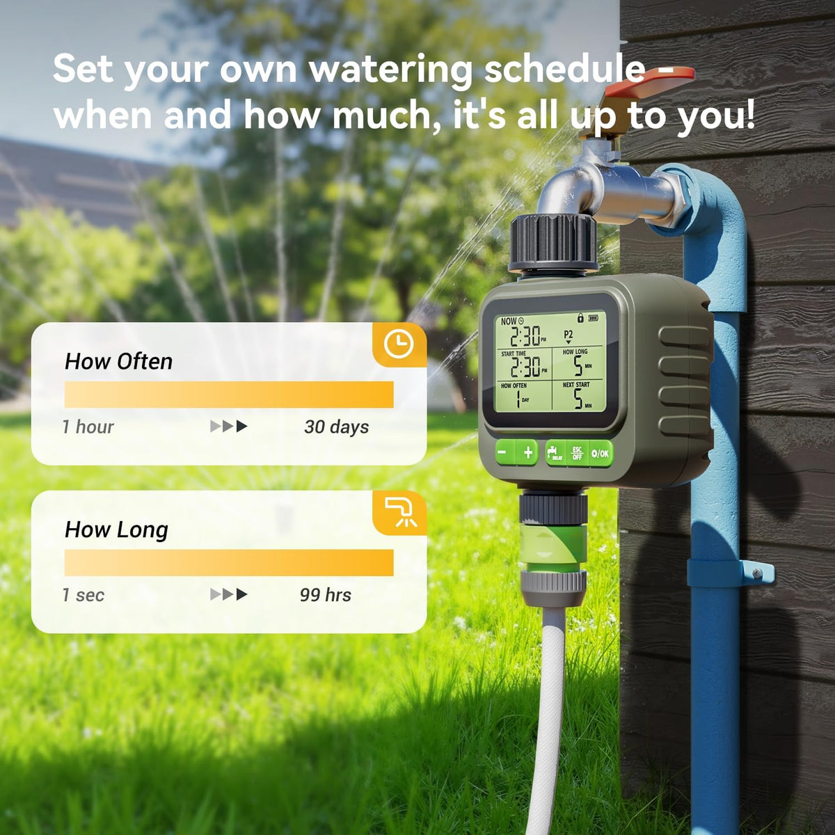Sprinkler Timer for Garden Hose, Programmable Water Timer with 4 Custom Plans, Rain Delay & 2-Way Splitter, Digital Automatic Watering System for Yard, Lawn, Irrigation