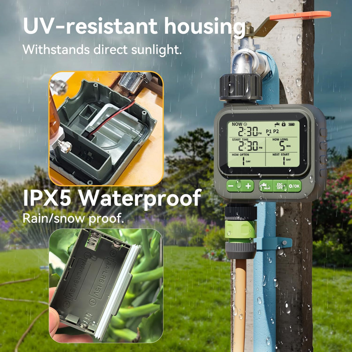 Sprinkler Timer for Garden Hose, Programmable Water Timer with 4 Custom Plans, Rain Delay & 2-Way Splitter, Digital Automatic Watering System for Yard, Lawn, Irrigation