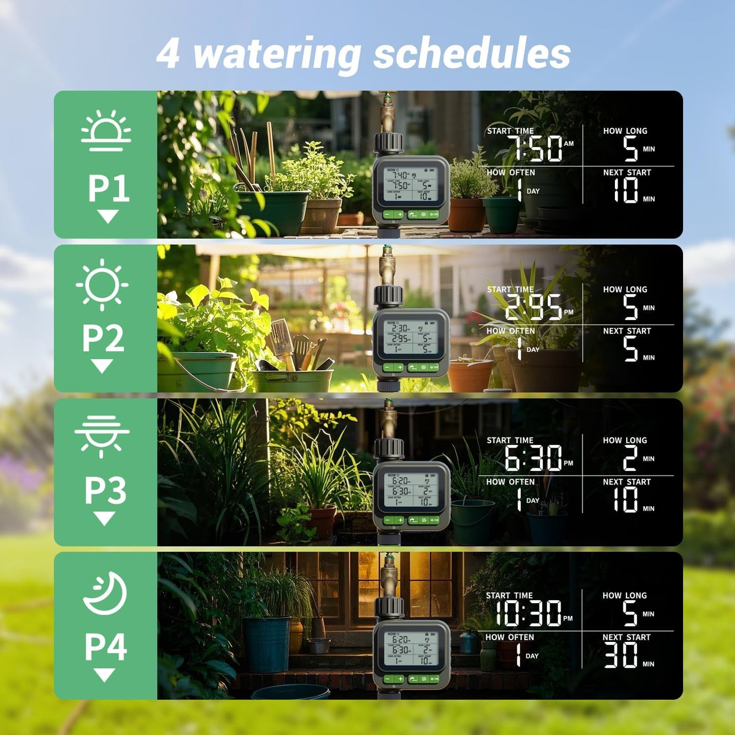 Sprinkler Timer for Garden Hose, Programmable Water Timer with 4 Custom Plans, Rain Delay & 2-Way Splitter, Digital Automatic Watering System for Yard, Lawn, Irrigation