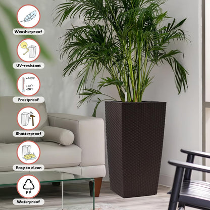 30" Tall Large Planter with Self-Watering System, Indoor Outdoor Flower Pot with Drainage Holes, Inner Tray and Water Level Indicator, Spacious Plant Pot for Garden Patio Porch Backyard, Brown