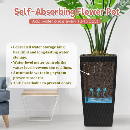 30" Tall Large Planter with Self-Watering System, Indoor Outdoor Flower Pot with Drainage Holes, Inner Tray and Water Level Indicator, Spacious Plant Pot for Garden Patio Porch Backyard, Brown