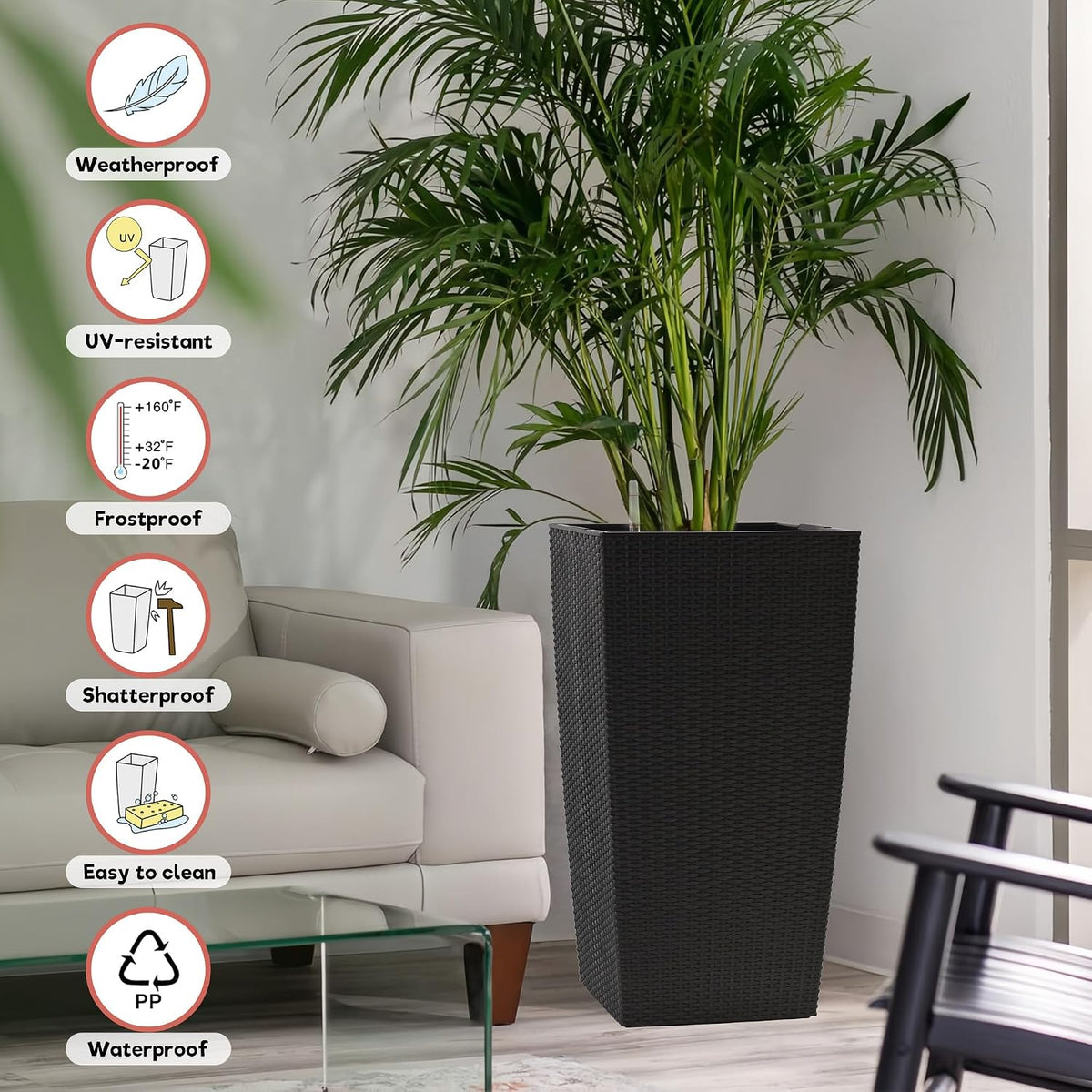 30" Tall Large Planter with Self-Watering System, Indoor Outdoor Flower Pot with Drainage Holes, Inner Tray and Water Level Indicator, Spacious Plant Pot for Garden Patio Porch Backyard, Brown