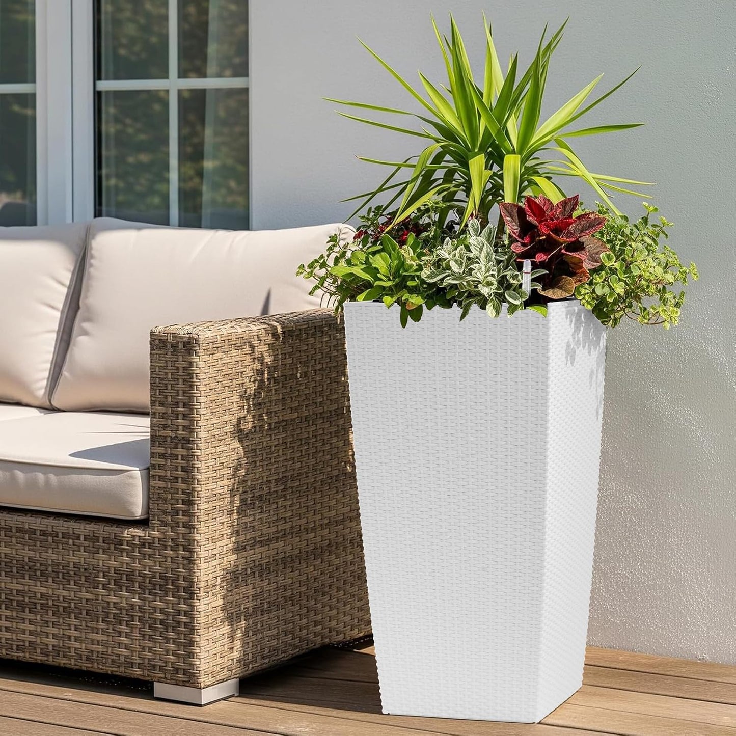 30" Tall Large Planter with Self-Watering System, Indoor Outdoor Flower Pot with Drainage Holes, Inner Tray and Water Level Indicator, Spacious Plant Pot for Garden Patio Porch Backyard, Brown