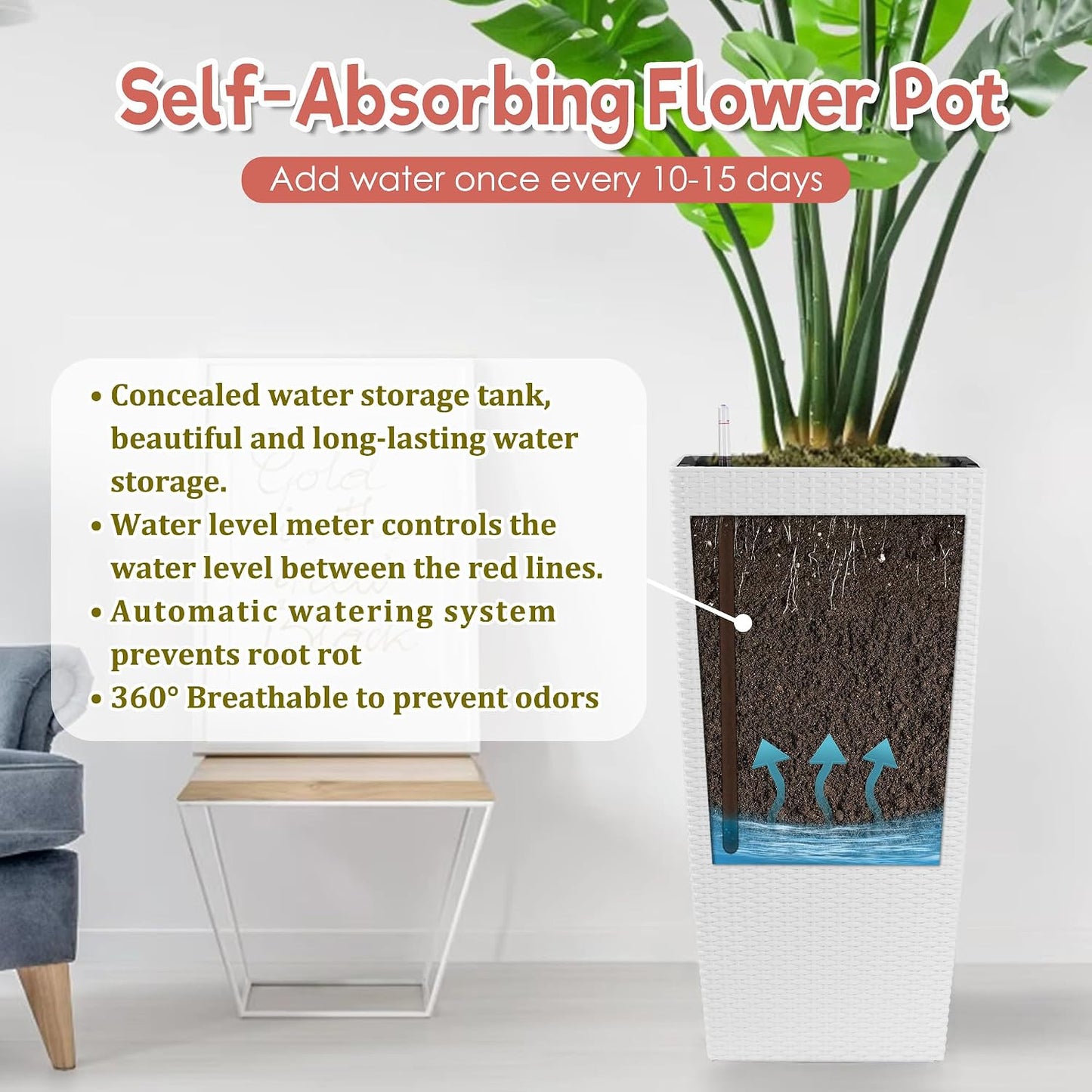 30" Tall Large Planter with Self-Watering System, Indoor Outdoor Flower Pot with Drainage Holes, Inner Tray and Water Level Indicator, Spacious Plant Pot for Garden Patio Porch Backyard, Brown