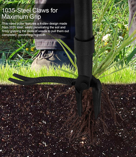 Weed Puller Tool, 4-Claw Stand Up Gardening Hand Weeding Tool with Adjustable 47.8" Stainless Steel Handle & 1035 Steel Head - Easily Remove Weeds Without Bending, Pulling, or Kneeling