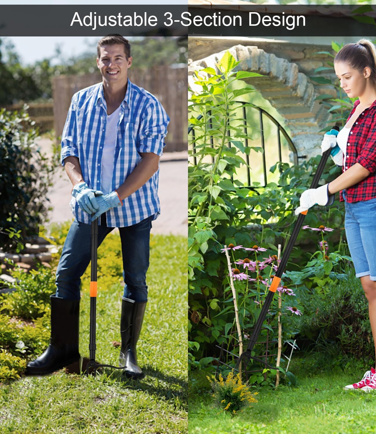 Weed Puller Tool, 4-Claw Stand Up Gardening Hand Weeding Tool with Adjustable 47.8" Stainless Steel Handle & 1035 Steel Head - Easily Remove Weeds Without Bending, Pulling, or Kneeling