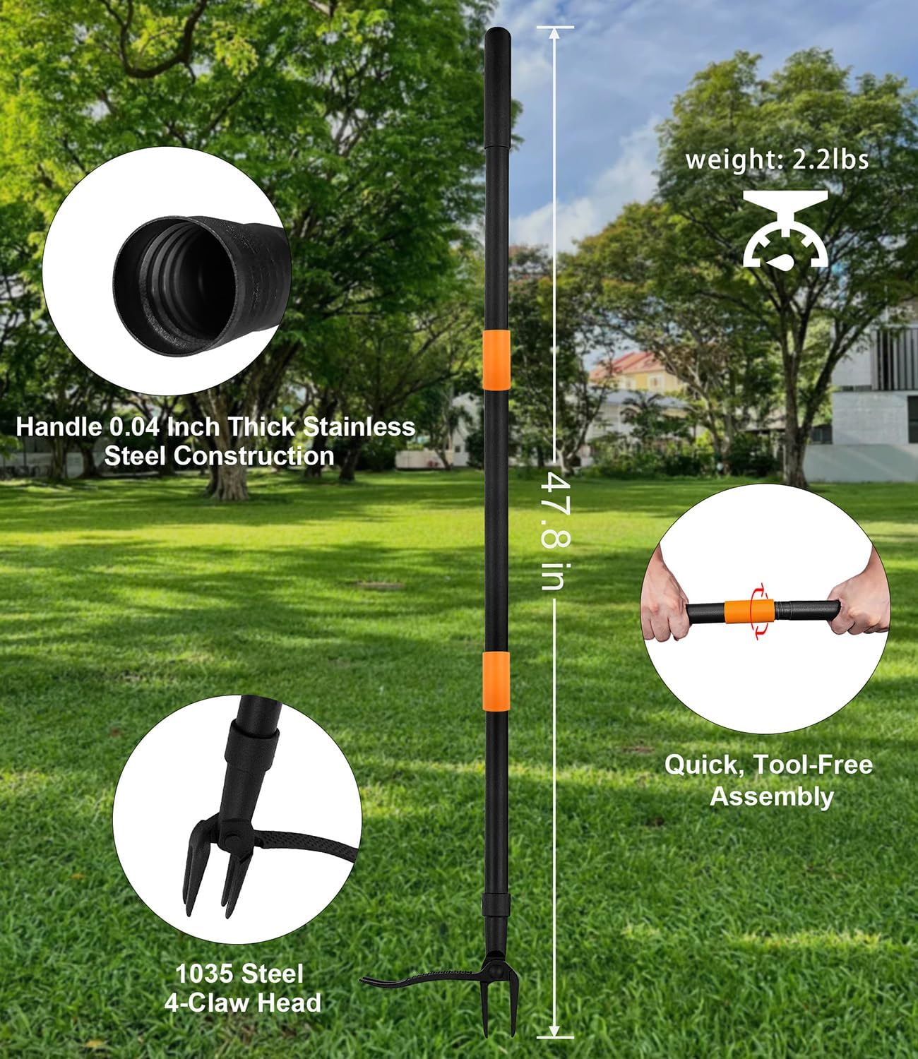 Weed Puller Tool, 4-Claw Stand Up Gardening Hand Weeding Tool with Adjustable 47.8" Stainless Steel Handle & 1035 Steel Head - Easily Remove Weeds Without Bending, Pulling, or Kneeling