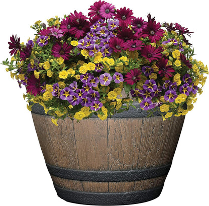 Classic Home and Garden Outdoor Whiskey Resin Flower Pot Barrel Planter, Walnut Brown, 15"