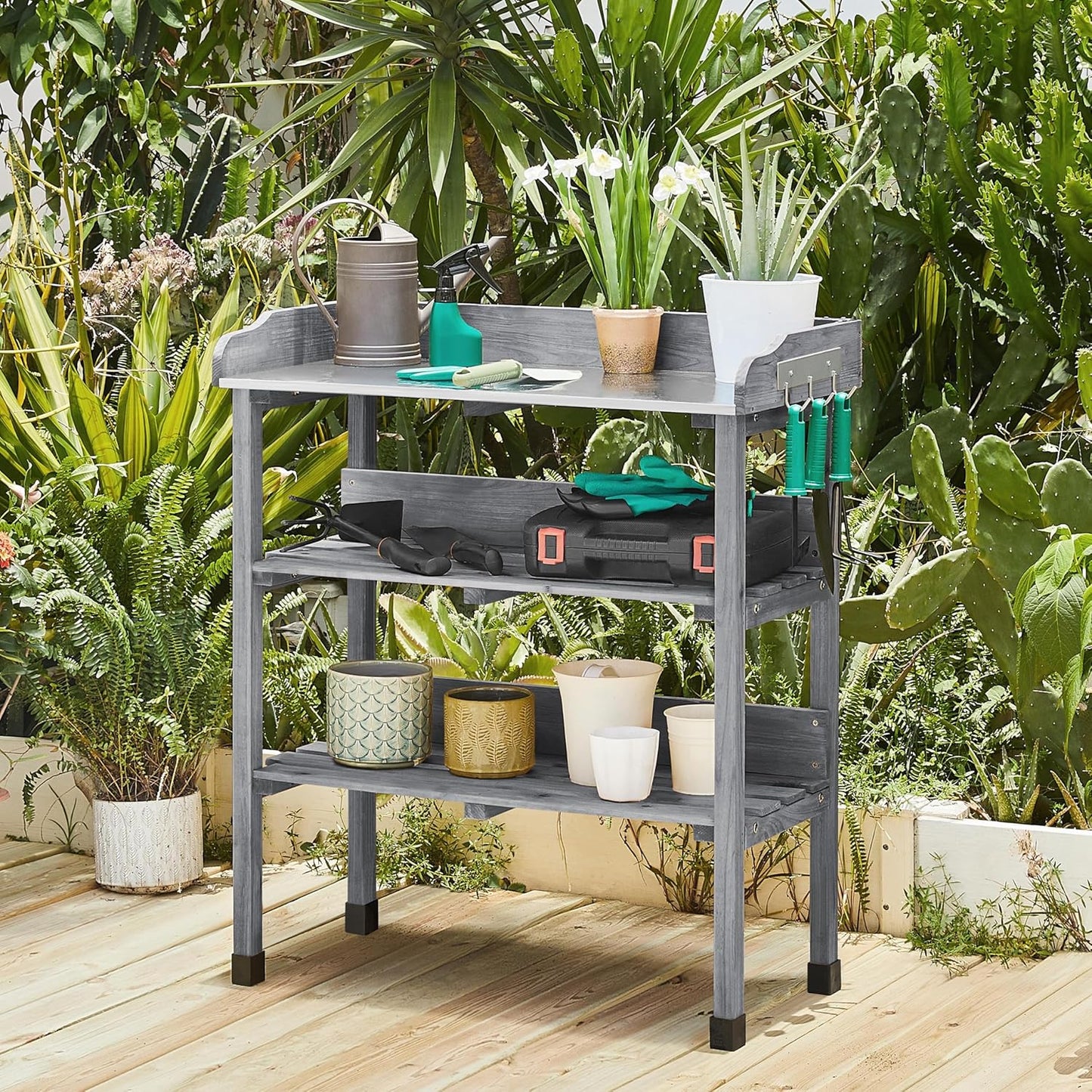 Yaheetech Outdoor Garden Potting Bench Table Wooden Horticulture Planting Worstation w/Metal Tabletop/Storage Shelf/3 Hooks, Natural Wood
