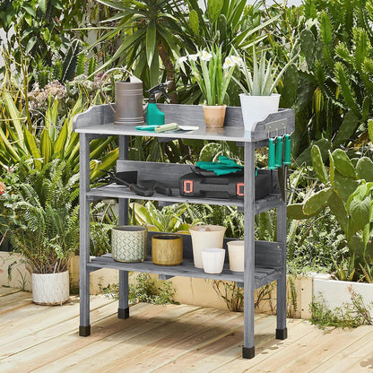 Yaheetech Outdoor Garden Potting Bench Table Wooden Horticulture Planting Worstation w/Metal Tabletop/Storage Shelf/3 Hooks, Natural Wood