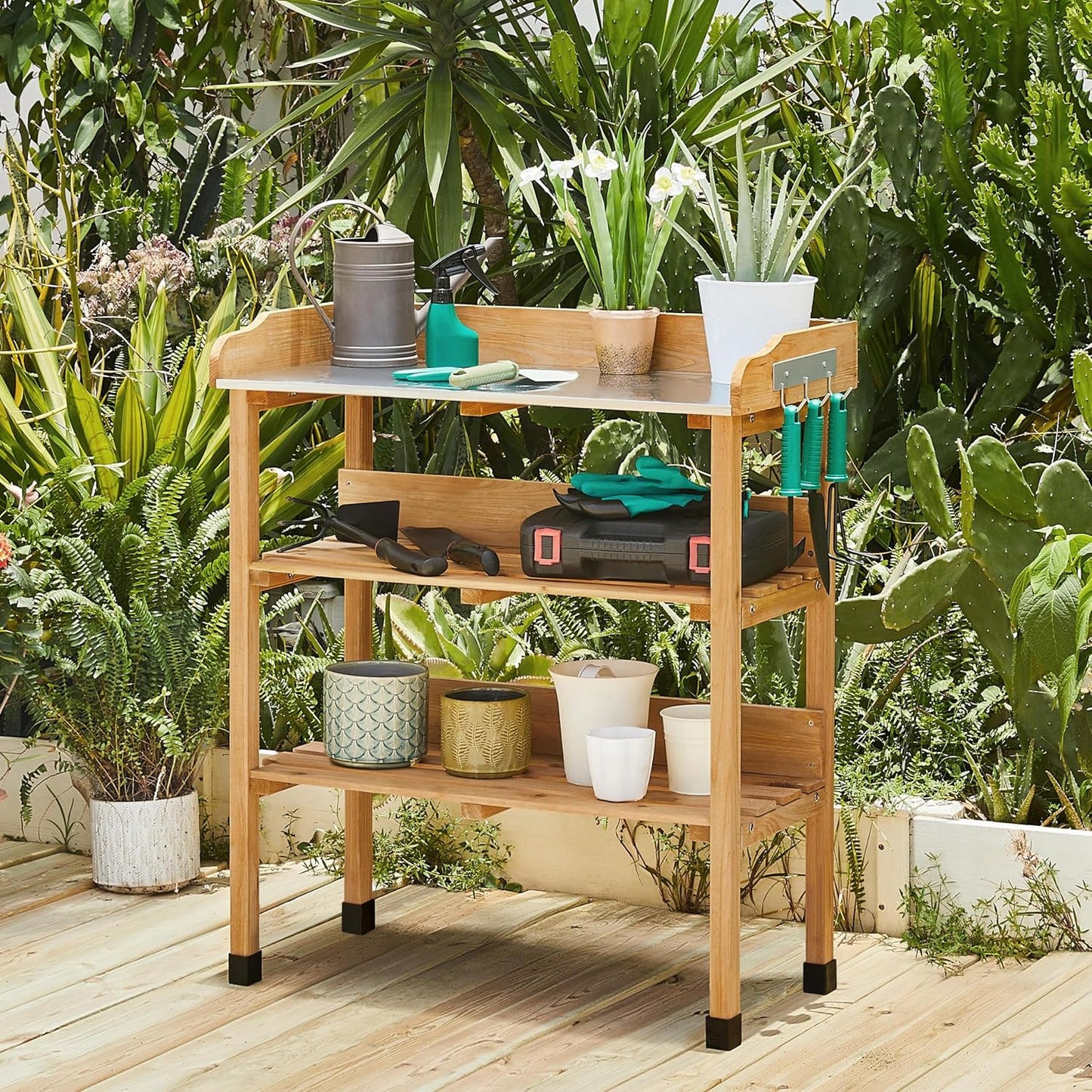 Yaheetech Outdoor Garden Potting Bench Table Wooden Horticulture Planting Worstation w/Metal Tabletop/Storage Shelf/3 Hooks, Natural Wood