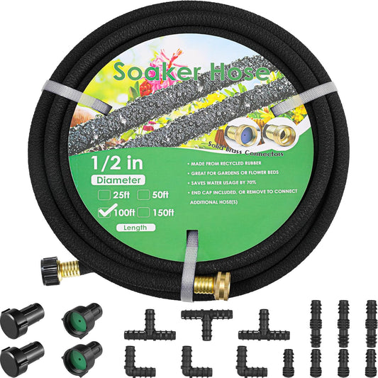Soaker Hose Kit 100 Ft 1/2" Brass Connectors Heavy Duty Water Saving