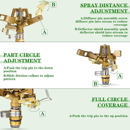 2 Pieces 1/2 Inch Brass Impact Sprinkler Head with Nozzles Heavy Duty Adjustable 0-360 Degrees Impulse Sprinkler Head Lawn Watering for Yard Irrigation