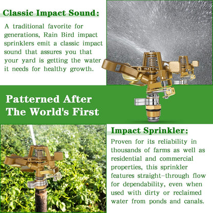 2 Pieces 1/2 Inch Brass Impact Sprinkler Head with Nozzles Heavy Duty Adjustable 0-360 Degrees Impulse Sprinkler Head Lawn Watering for Yard Irrigation