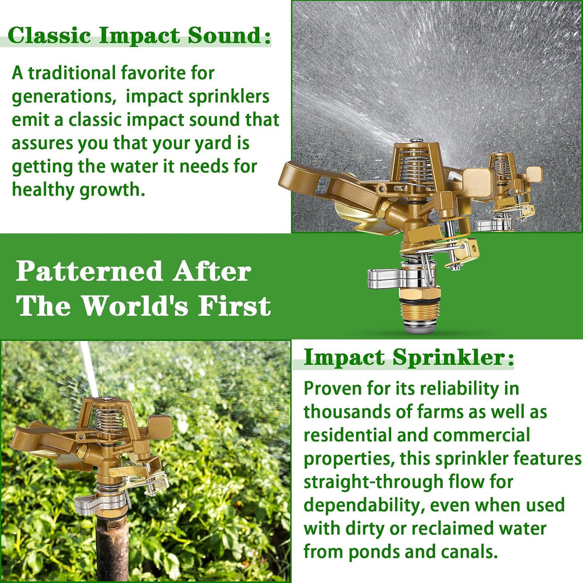 2 Pieces 1/2 Inch Brass Impact Sprinkler Head with Nozzles Heavy Duty Adjustable 0-360 Degrees Impulse Sprinkler Head Lawn Watering for Yard Irrigation