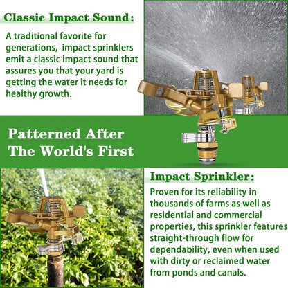 2 Pieces 1/2 Inch Brass Impact Sprinkler Head with Nozzles Heavy Duty Adjustable 0-360 Degrees Impulse Sprinkler Head Lawn Watering for Yard Irrigation