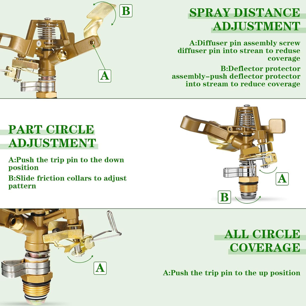 2 Pieces 1/2 Inch Brass Impact Sprinkler Head with Nozzles Heavy Duty Adjustable 0-360 Degrees Impulse Sprinkler Head Lawn Watering for Yard Irrigation